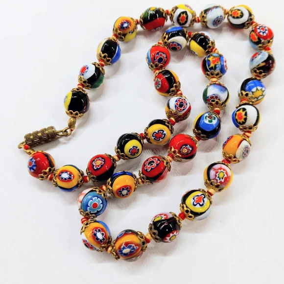 Millefiori Glass Bead Colorful Necklace Hand strung Vintage - Picture 1 of 5
